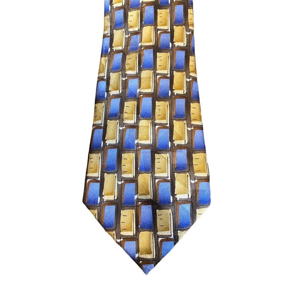 J. Garcia Fifty-Four Gold Blue Rectangles Geometric Silk Collection Neck Tie Gif - Picture 1 of 10